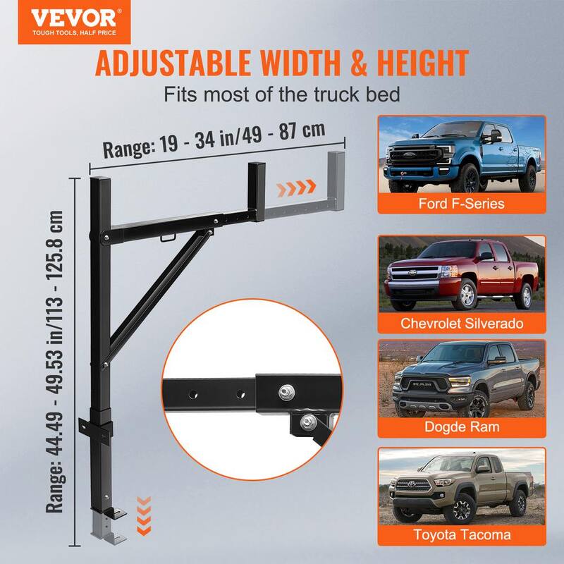 VEVOR Truck Rack, 19-34in. Extendable Truck Ladder Rack, 38.6-43.6in. Adjustable Height, 250 lbs. Capacity Steel Ladder Rack - PKHJHJGYZTB19IY13V0-0920