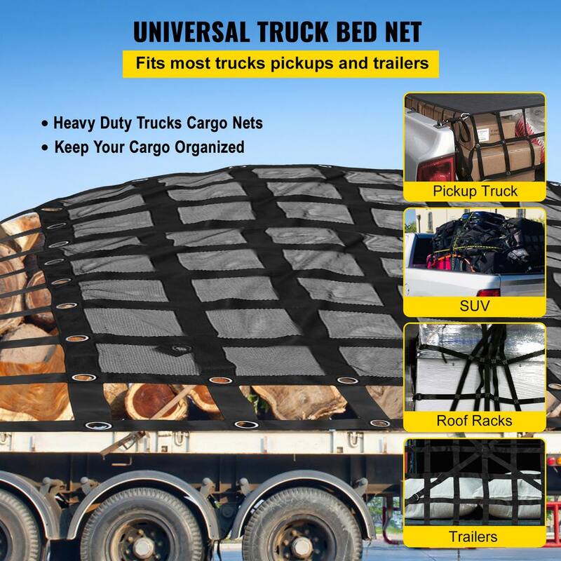 VEVOR Heavy-Duty Cargo Net w/Mesh 6 ft. x  4.7 ft. Truck Net Cap. 1100 lbs. w/Cam Buckles and  S-Hooks/Chain for Pickup Trucks - BZD183X145CMAQW01V0