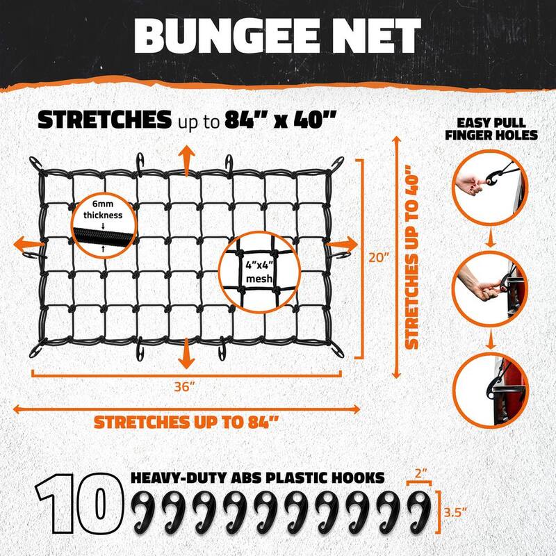 Mockins 20 in. x 36 in. Heavy-Duty Bungee Cargo Net - Stretches to 42 in. x 74 in. - MA-33