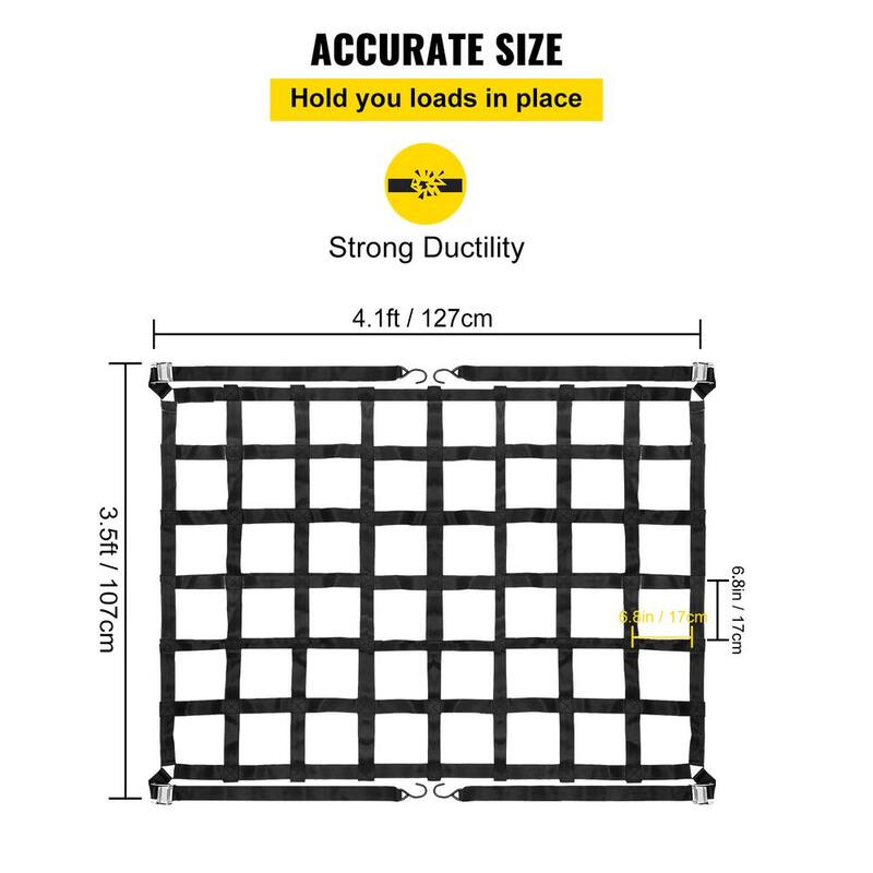 VEVOR Cargo Net 3 .5 ft. x 4.1 ft. Heavy-Duty Cargo Nets Capacity 1100 lbs. Cargo Net w/S-Hooks and Chain for Pickup Trucks - BZD107X127CMAQW01V0