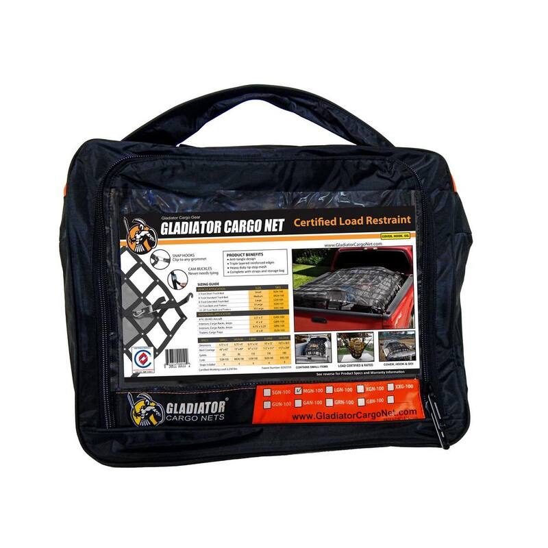 GLADIATOR Cargo Nets 8.75 ft. x 10 ft. Large Heavy-Duty Cargo Net Integrated Mesh Adjustable Load Certified Straps and Bag Included - LGN-100