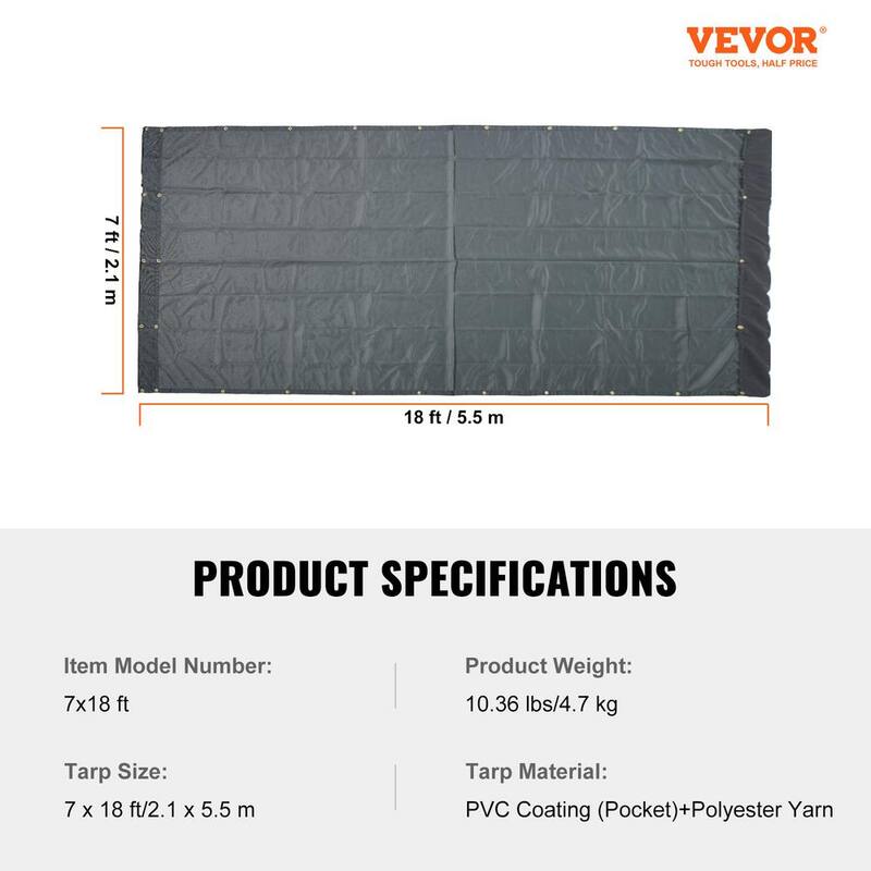 VEVOR Dump Truck Mesh Tarp 7 x 18 ft. PVC Coated Black Heavy Duty Cover with 5.5 in. 18oz Double Pocket for Truck - KCPVC7X1818OZ1295V0
