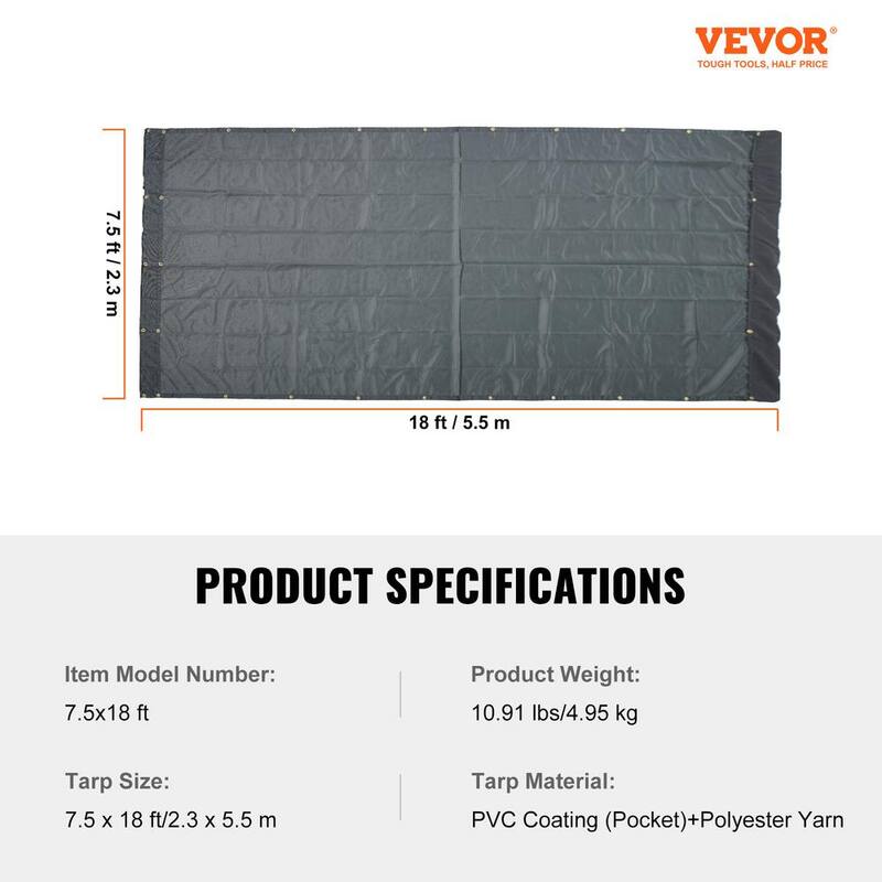 VEVOR PVC Coated Black Dump Truck Mesh Tarp 7.5 x 18 ft. Heavy Duty Truck Cover, 5.5 in. 18 oz. Double Pocket, Brass Grommet - KPVC75X1818OZAC5IV0