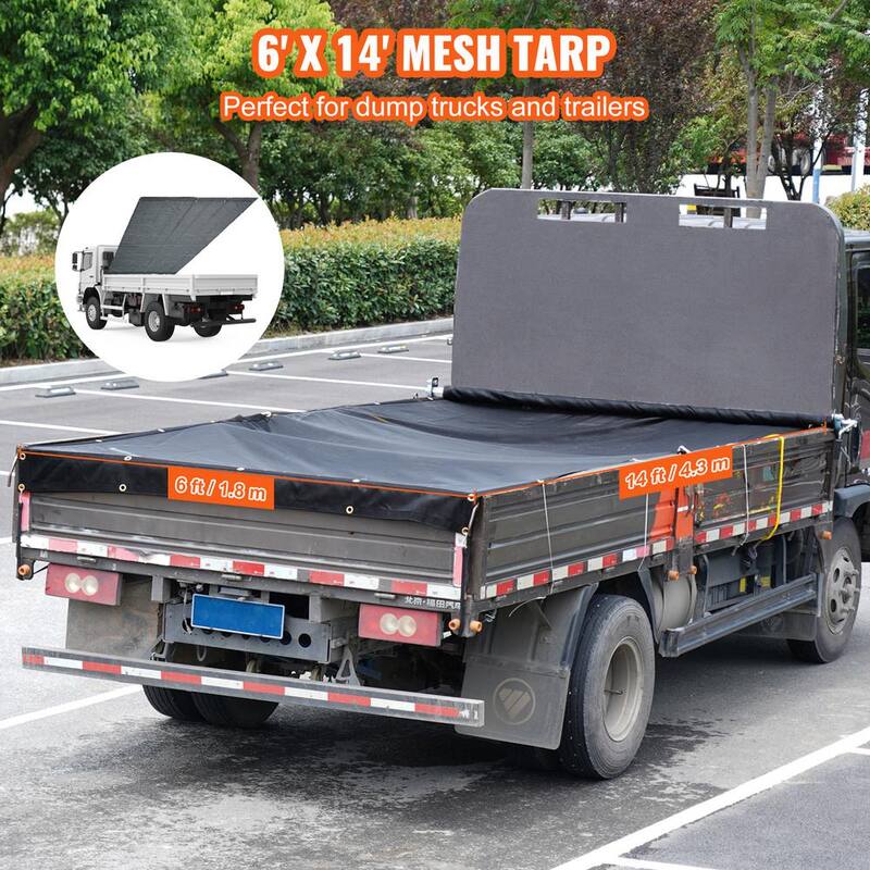VEVOR Dump Truck Mesh Tarp 6 x 14 ft. PVC Coated Black Heavy-Duty Cover with 5.5 in. 18 oz. Double Pocket, Brass Grommets - KCPVC6X1418OZJELJV0