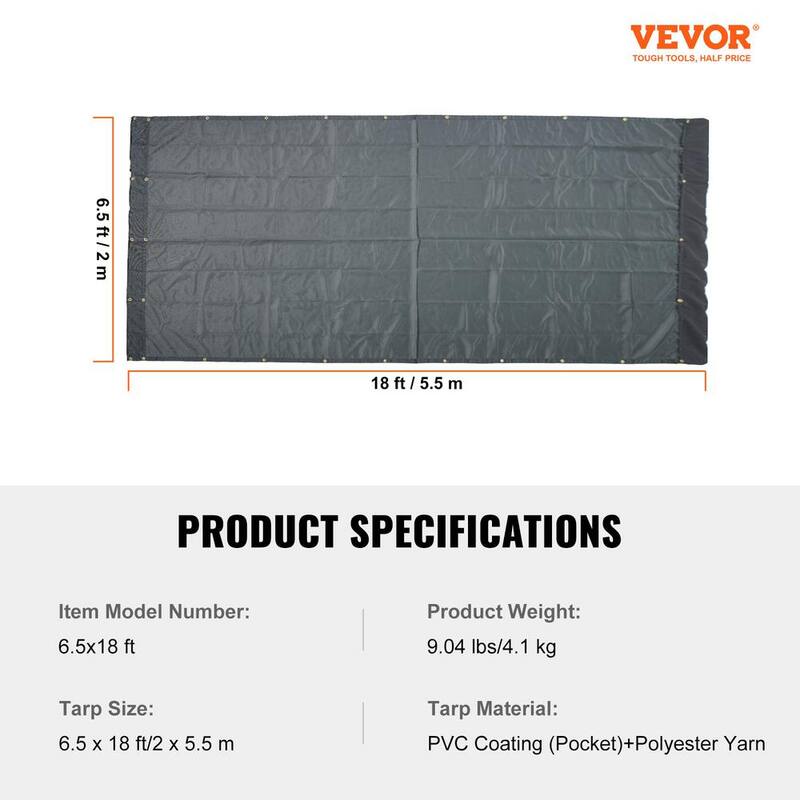 VEVOR PVC Coated Black Dump Truck Mesh Tarp 6.5 x 18 ft. Heavy Duty Truck Cover, 5.5 in. 18 oz. Double Pocket Brass Grommet - KPVC65X1818OZ0T3EV0