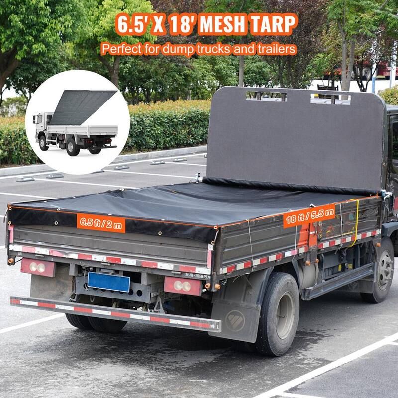 VEVOR PVC Coated Black Dump Truck Mesh Tarp 6.5 x 18 ft. Heavy Duty Truck Cover, 5.5 in. 18 oz. Double Pocket Brass Grommet - KPVC65X1818OZ0T3EV0