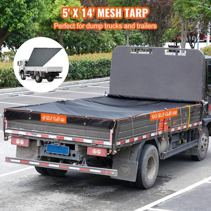 VEVOR Dump Truck Mesh Tarp 5 x 14 ft. PVC Coated Black Heavy Duty Cover with 5.5 in. 18oz Double Pocket for Trucks, Trailers - KCPVC5X1418OZKBIKV0