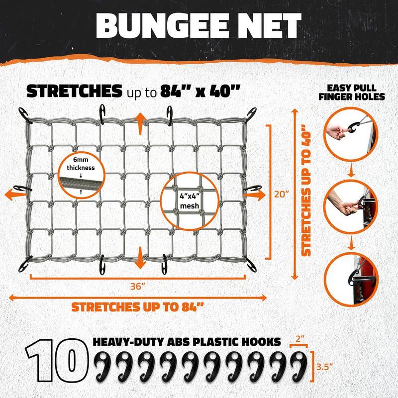 Mockins 20 in. x 36 in. Heavy-Duty Gray Bungee Cargo Net - Stretches to 42 in. x 74 in. - MA-60