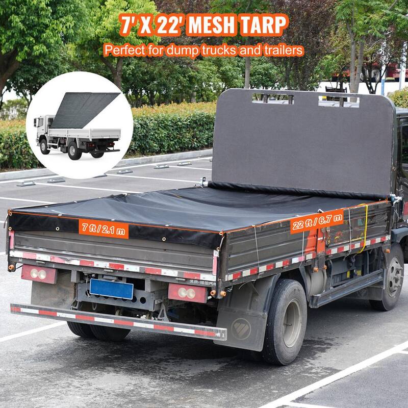 VEVOR Dump Truck Mesh Tarp 7 x 22 ft. PVC Coated Black Heavy Duty Cover with 5.5 in. 18oz Double Pocket for Truck - KCPVC7X2218OZN4T5V0