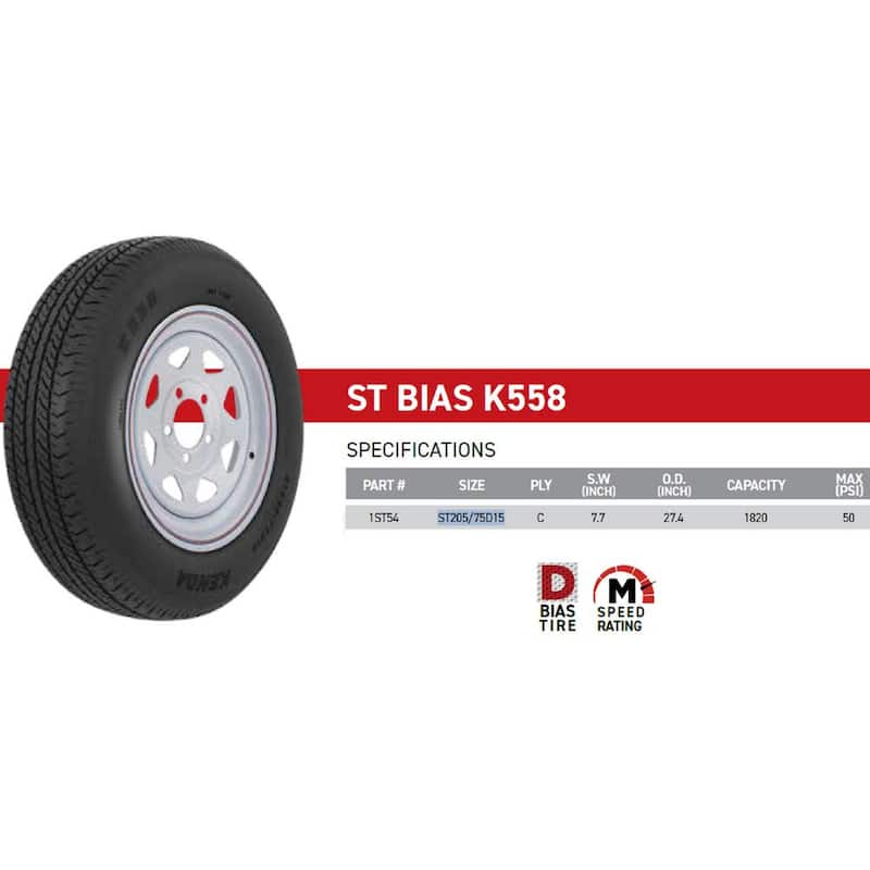 LOADSTAR ST205/75D-15 K550 BIAS 1820 lb. Load Capacity White with Stripe 15 in. Bias Tire and Wheel Assembly - 3S640