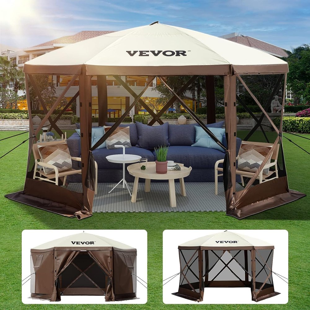 VEVOR Camping Gazebo Tent, 10'x10', 6 Sided Pop-up Canopy Screen Tent for 8 Person Camping, Waterproof Screen Shelter w/Portable Storage Bag, Ground Stakes, Mesh Windows, Brown & Beige - MZY610FT10FT67P5KV0