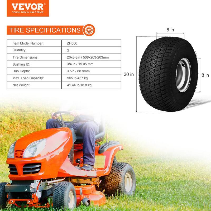 VEVOR Lawn Mower Tires with Rim 20 x 8-8 in. Tubeless Tractor Tires 2-Pack Tire and Wheel Assembly S-Turf Pneumatic Tires - GCJLZPZLG20XAKNACV0-0812