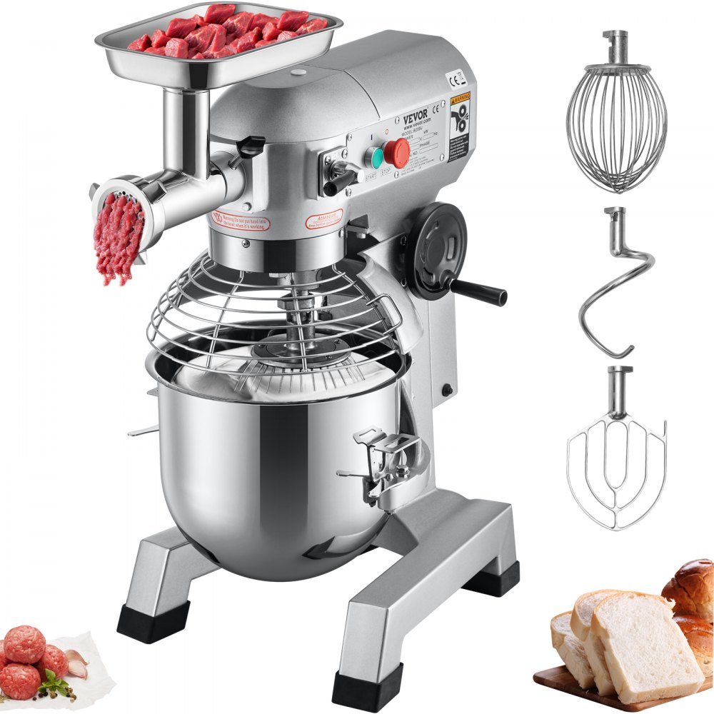 VEVOR Commercial Stand Mixer, 20Qt Stainless Steel Bowl, 1100W 2 in 1 Multifunctional Electric Food Mixer with Meat Grinder & 3 Speeds, Dough Hook Whisk Beater Included, Perfect for Bakery Pizzeria - DGNJBJMCB20BJTVZLV1