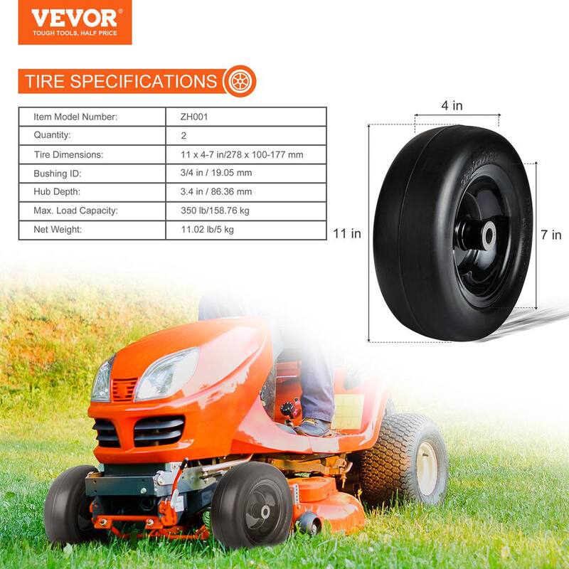 VEVOR Lawn Mower Tires with Rim 11 in. x 4 in. - 7 in. Tubeless Tractor Tires 2-Pack Tire and Wheel Assemby Flat-free PU Tire - GCJLZ11X45SXTCAWDV0-0725