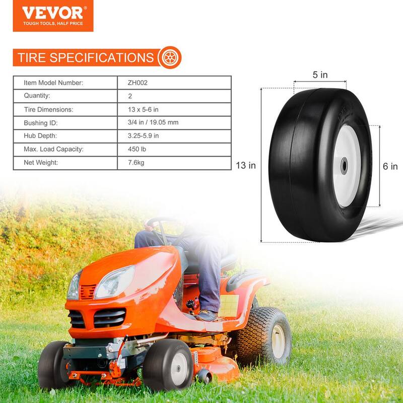 VEVOR Lawn Mower Tires with Rim, 13 in. x 5 in. - 6 in. Tubeless Tractor Tires, 2-Pack Tire and Wheel Assembly, Flat-free PU - GCJLZZXLG13XLCXLGV0-0725