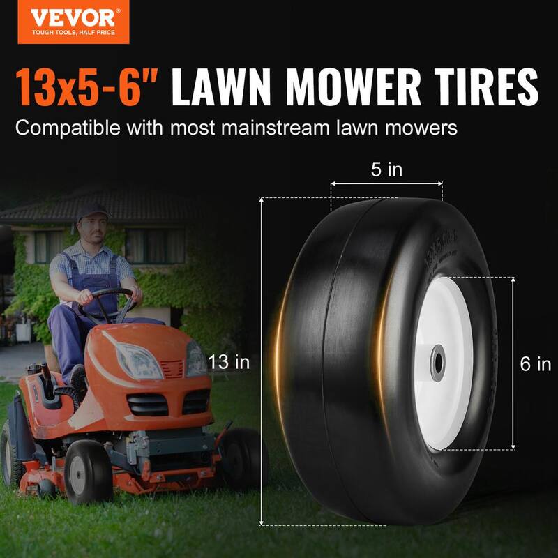 VEVOR Lawn Mower Tires with Rim, 13 in. x 5 in. - 6 in. Tubeless Tractor Tires, 2-Pack Tire and Wheel Assembly, Flat-free PU - GCJLZZXLG13XLCXLGV0-0725