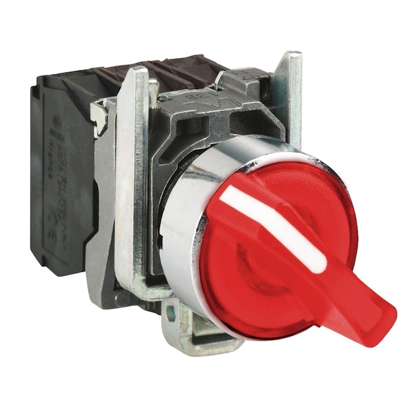 Interruptor selector iluminado Schneider Electric, Harmony XB4, metal, mango rojo, 22mm, LED universal, 2 posiciones, 1NA + 1NC, 110...120V AC - XB4BK124G5