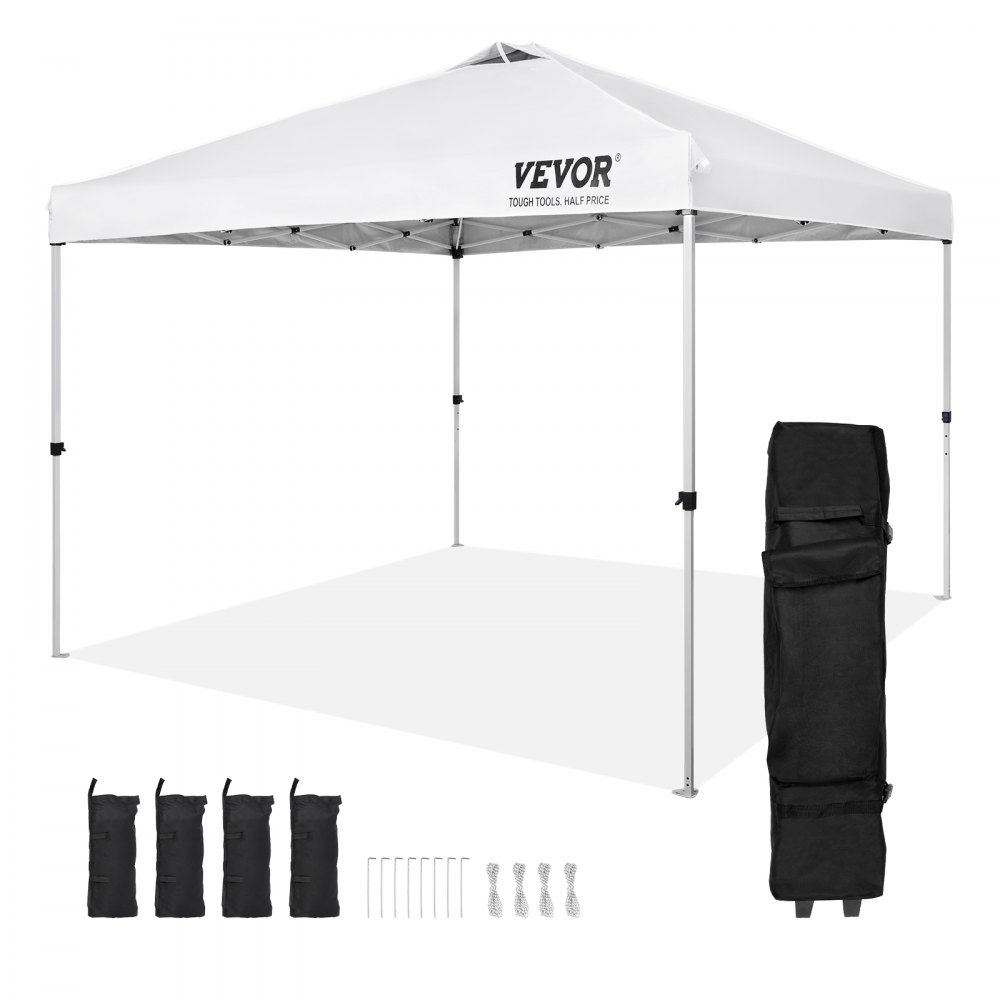 VEVOR Pop Up Canopy Tent, 10 x 10 ft, 250 D PU Silver Coated Tarp, with Portable Roller Bag and 4 Sandbags, Waterproof and Sun Shelter Gazebo for Outdoor Party, Camping, Commercial Events, White - DCSTPB10X10FT24D7V0