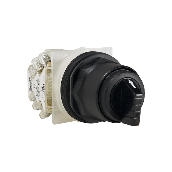 Interruptor selectora Square D, Harmony 9001SK, plástico, manija estándar, negro, 30mm, 3 posiciones, retorno por resorte de izquierda a centro, 1 contacto normalmente abierto - 9001SKS63BH13.