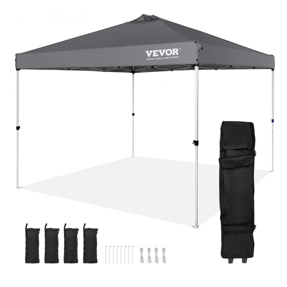 VEVOR Pop Up Canopy Tent, 10 x 10 ft, 250 D PU Silver Coated Tarp, with Portable Roller Bag and 4 Sandbags, Waterproof and Sun Shelter Gazebo for Outdoor Party, Camping, Commercial Events, Dark Gray - DCSTPS10X10FTASXAV0
