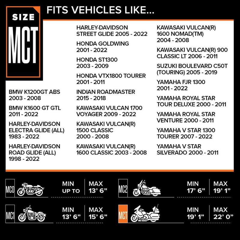 Budge Touring Waterproof 104 in. L x 41 in. W x 30.5 in. W x 57 in. H x 45 in. H Size MC-T Motorcycle Cover - MCT-1