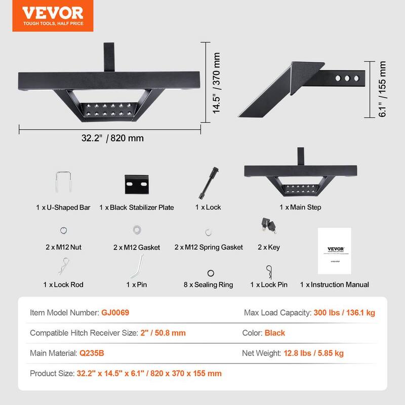 VEVOR Hitch Step for 2 in. Receiver, Strong Steel Construction with 300 lbs. Load Capacity, Rear Bumper Guard Protector - CWTBGSCYXGZKV34OCV0