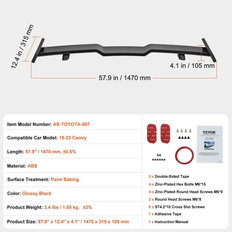 VEVOR GT Wing Car Spoiler 57.9 in. Spoiler Compatible with 2018-2023 Camry High Strength ABS Material Car Rear Spoiler Wing - ZYXWYABS1823TMFKVV0