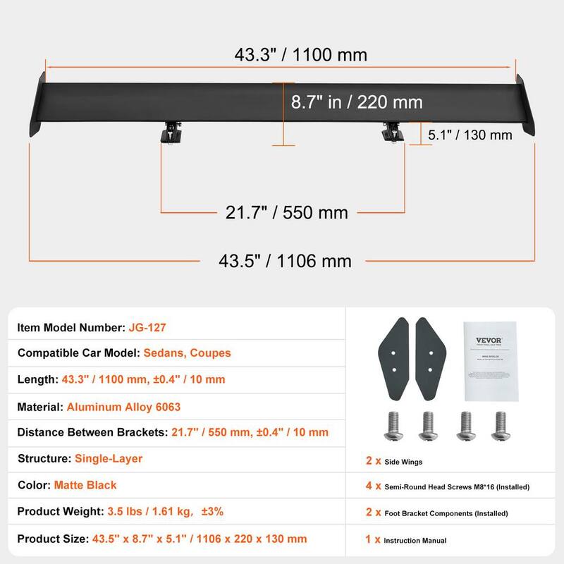 VEVOR GT Wing Car Spoiler, 43.3 in. Universal Spoiler with Single Deck, Adjustable Lightweight Aluminum, Car Rear Spoiler Wing - TYXWYLHJLHJDFLMB1V0-0807