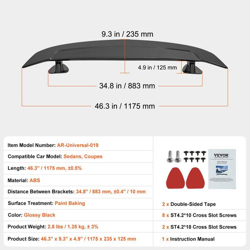 VEVOR GT Wing Car Spoiler, 46.3 in. Universal Spoiler, Compatible with most Sedans and Coupes, ABS, Car Rear Spoiler Wing - TYXWYABS46INXC430V0-0807