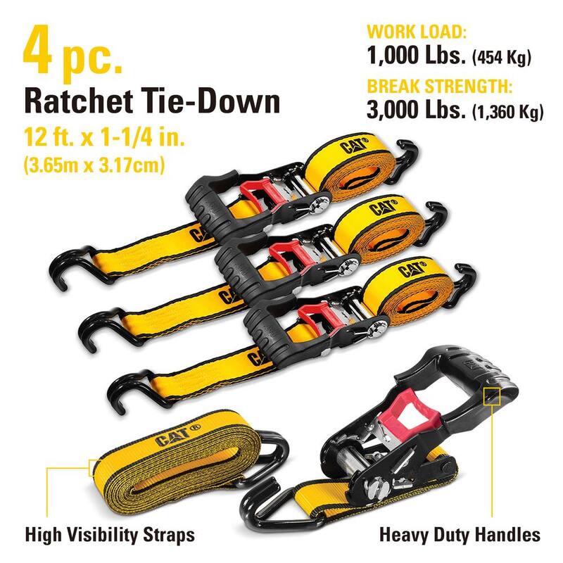 CAT 12 ft. x 1-1/4 in. 1000 lbs. Heavy-Duty Ratchet Tie Down Set (4-Piece) - 980105N