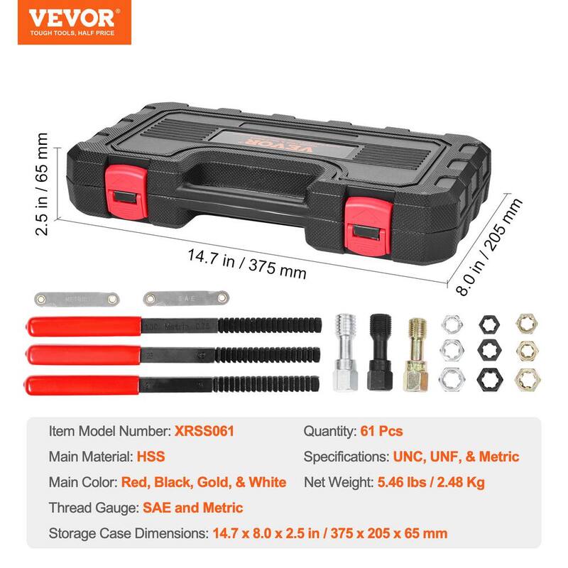 VEVOR 61-Piece Thread Chaser Set, UNC UNF and Metric Thread Restorer Tool, Rethreading Tool Kit with 28 Taps 28 Dies 3 Thread - LWCXTZGYZ61PQ0GQLV0