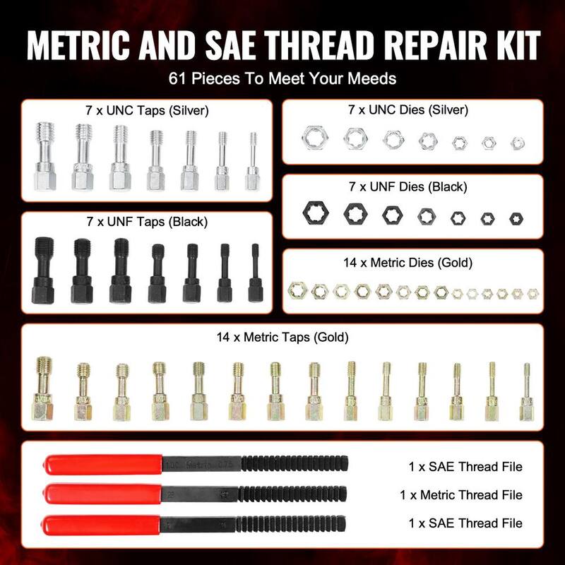 VEVOR 61-Piece Thread Chaser Set, UNC UNF and Metric Thread Restorer Tool, Rethreading Tool Kit with 28 Taps 28 Dies 3 Thread - LWCXTZGYZ61PQ0GQLV0