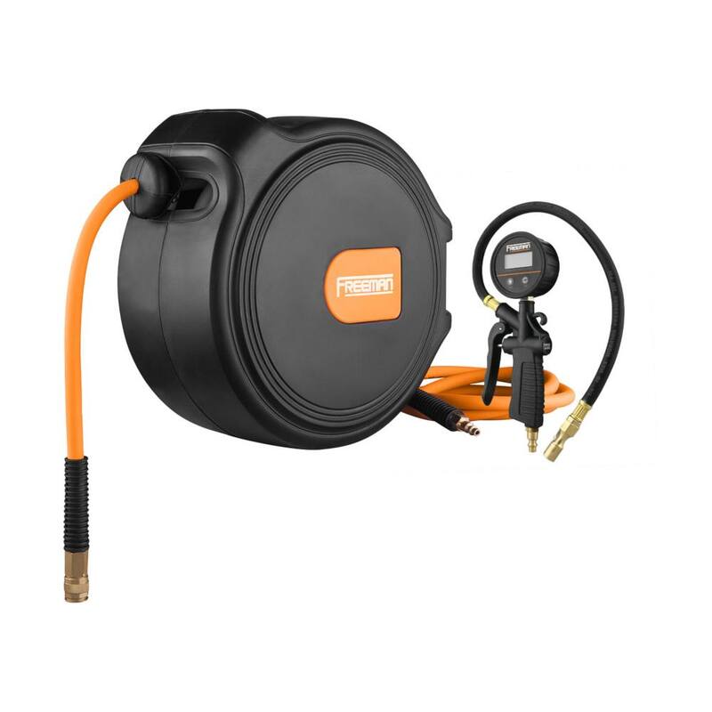 Freeman Digital Tire Inflator with LCD Gauge and 65 ft. Compact Air Hose Reel with 1/4 in. Hybrid Air Hose and Swivel Wall Mount - PCHR1DTI