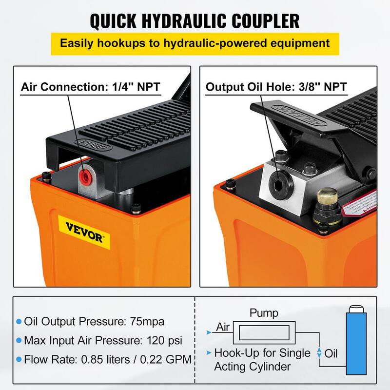 VEVOR Air Hydraulic Pump 10000 PSI Air Treadle Foot Actuated 3/8 in. NPT 1/2 Gal. with 6 ft. Hose 2 Connector Single Acting - QDJTYYBJPQTZ00001V0