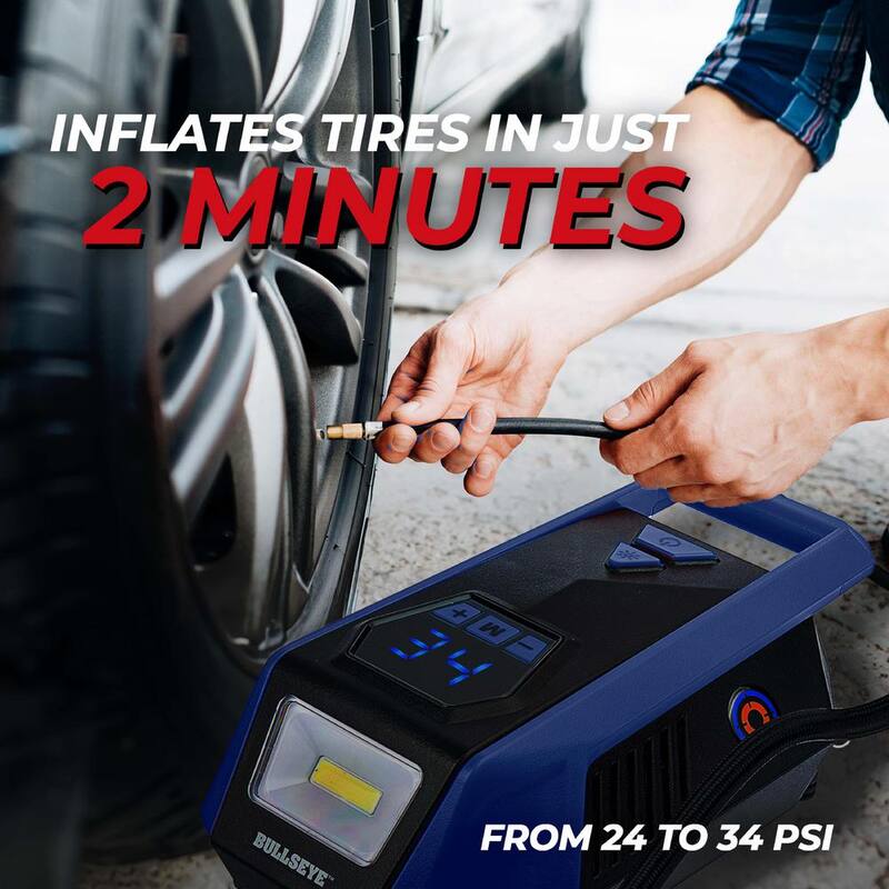 Bell + Howell BULLSEYE 150 PSI Handheld Tire Inflator with Digital Pressure Gauge, Sound and Light Alert in Blue - 2624