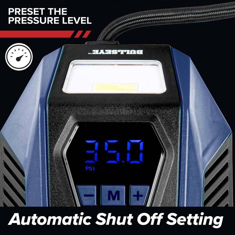 Bell + Howell BULLSEYE 150 PSI Handheld Tire Inflator with Digital Pressure Gauge, Sound and Light Alert in Blue - 2624