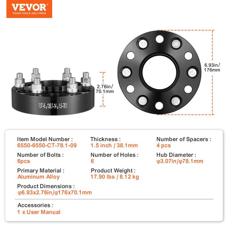 VEVOR Wheel Spacers, Wheel Adapters, 6 Lug Forged Spacer, Fit for 1995-2023 Chevrolet, GMC, and Cadillac, 4 PCS Black - LSSFLP15YC6X49EWWV0