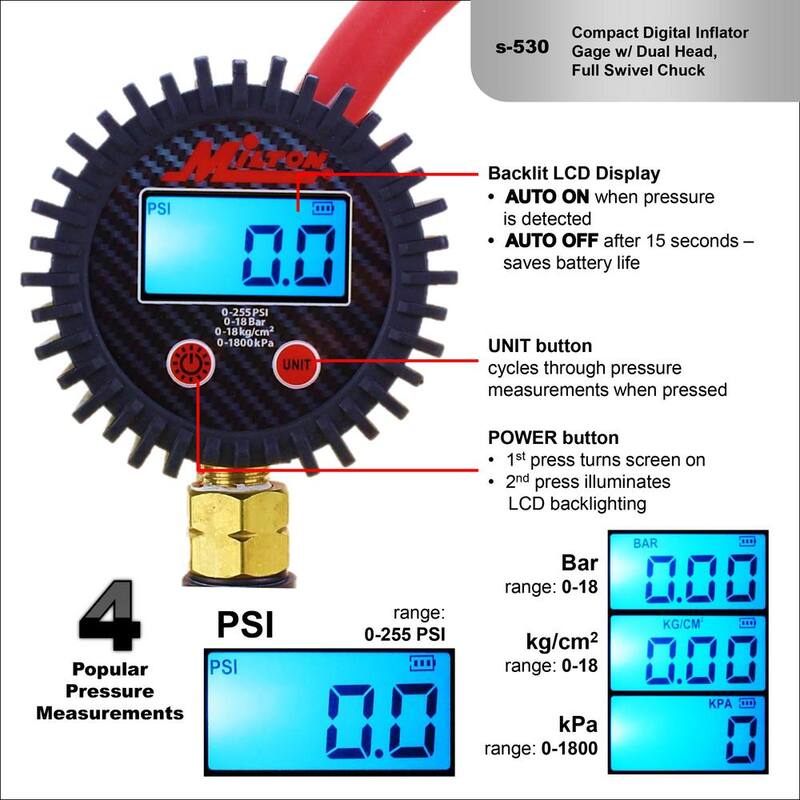 Milton Industries, Inc. Milton Dual Head Air Chuck Compact Digital Tire Inflator and Pressure Gauge 15 in. Rubber Air Hose (255 PSI) 1/4 in. NPT - S-530