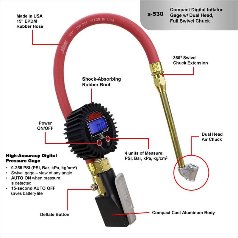 Milton Industries, Inc. Milton Dual Head Air Chuck Compact Digital Tire Inflator and Pressure Gauge 15 in. Rubber Air Hose (255 PSI) 1/4 in. NPT - S-530
