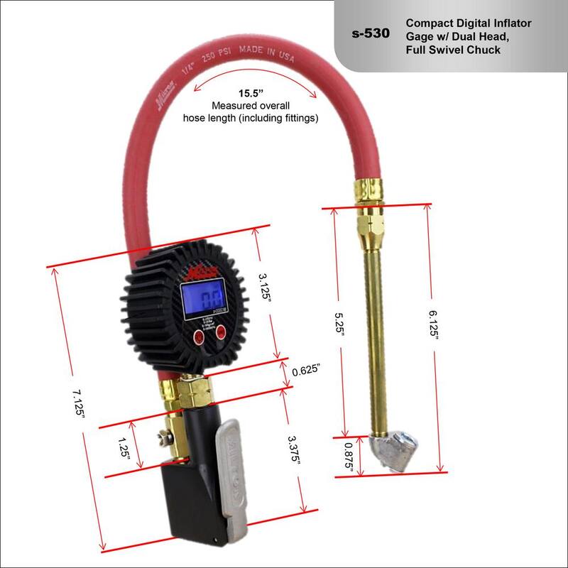 Milton Industries, Inc. Milton Dual Head Air Chuck Compact Digital Tire Inflator and Pressure Gauge 15 in. Rubber Air Hose (255 PSI) 1/4 in. NPT - S-530
