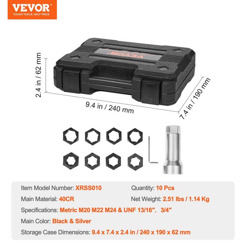 VEVOR 10-Piece Axle Spindle Thread Chaser Set, Metric M20 M22 M24 and UNF 13/16in. 3/4in. Thread Restorer Tool - LWCXTZGYZ10PYAJ0LV0