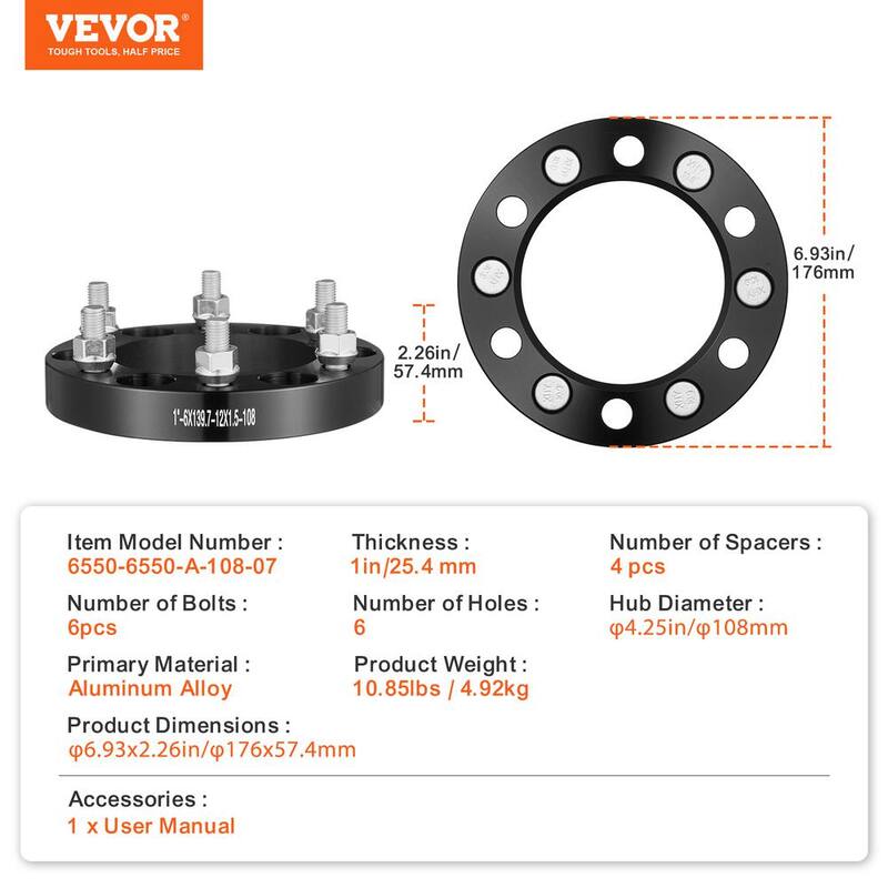 VEVOR Wheel Spacers, Wheel Adapters, 6 Lug Forged Spacer, Fit for 1979-2022 Toyota, Hummer, Lexus, Chevrolet, Honda, Black - LSSFLP1YC6X5PNQ5TV0