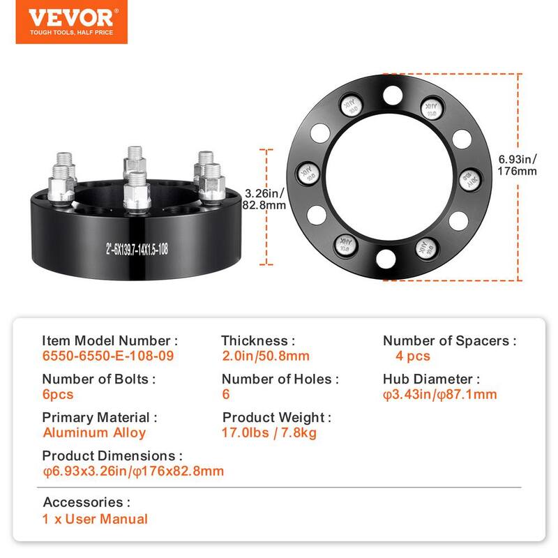 VEVOR 2 in. 6 in. x 5.5 in. Wheel Spacers Wheel Adapters 6 Lug Forged Spacer 4 pcs Black - LSSFLP2YC6X5L87F5V0