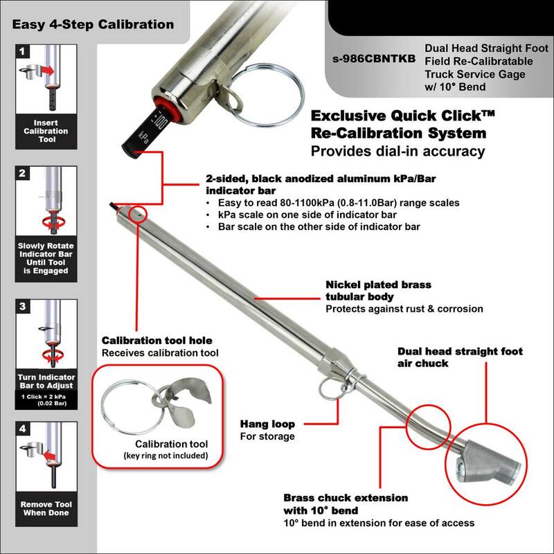 Milton Industries, Inc. 80 kPa-1100 kPa/0.8 Bar-11 Bar Calibratable Tire Pressure Service Gauge with Bent Extended Dual Head Straight Foot Chuck - s-986CBNTKB