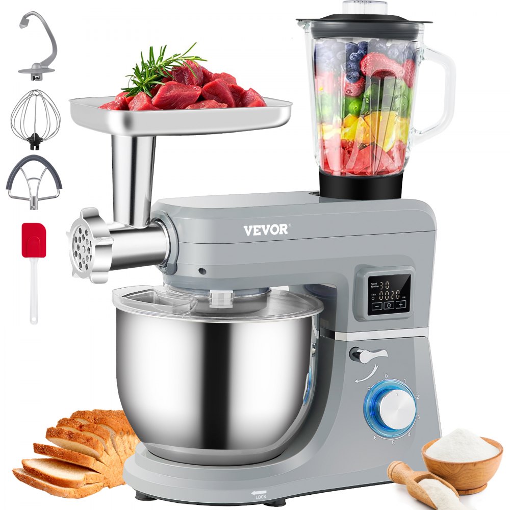 VEVOR 5 IN 1 Stand Mixer, 660W Tilt-Head Multifunctional Electric Mixer with 6 Speeds LCD Screen Timing, 7.4 Qt Stainless Bowl, Dough Hook, Flat Beater, Whisk, Scraper, Meat Grinder, Juice Cup - Gray - ZRLLSJBJLSDFJR1CDV1