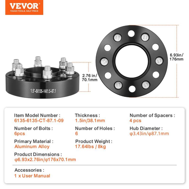 VEVOR Wheel Spacers, Wheel Adapters, 6 Lug Forged Spacer, Fit for Ford F150, Expedition, Lobo, Navigator, 4 PCS Black - LSSFLP15YC6X1GP2WV0