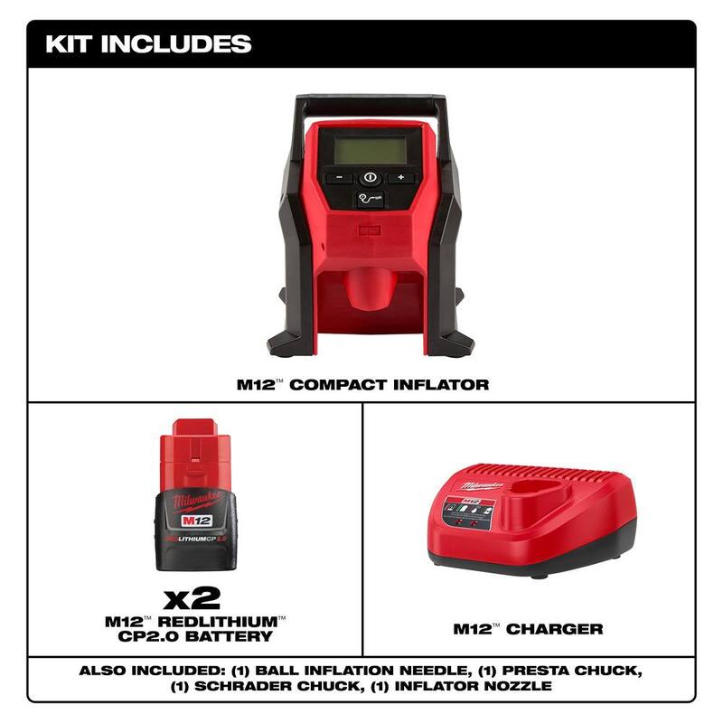 Milwaukee M12 12V Lithium-Ion Compact 2.0 Ah Battery Pack (2-Pack) Starter Kit with Charger and M12 Portable Inflator - 2475-20-48-59-2420P