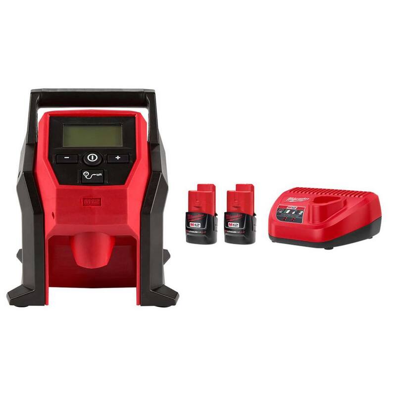 Milwaukee M12 12V Lithium-Ion Compact 2.0 Ah Battery Pack (2-Pack) Starter Kit with Charger and M12 Portable Inflator - 2475-20-48-59-2420P