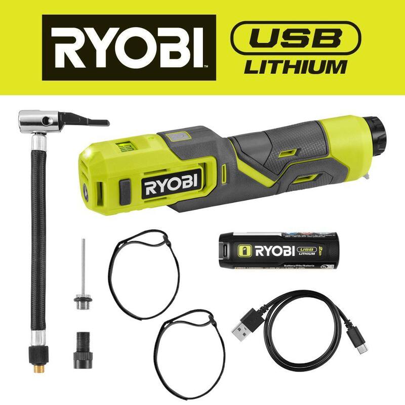 RYOBI USB Lithium Cordless High Pressure Portable Inflator Kit with 2.0 Ah USB Lithium Battery and Charging Cable - FVIF51K