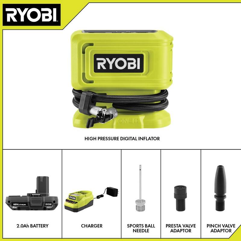 RYOBI ONE+ 18V Cordless High Pressure Inflator Kit with 2.0 Ah Battery and Charger - PCL001K1